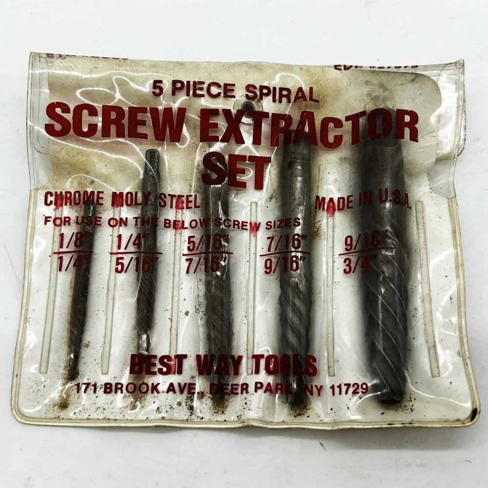 Vtg Best Way Tools 5 Piece Screw Extractor Set Chrome Molly Steel 27875 USA